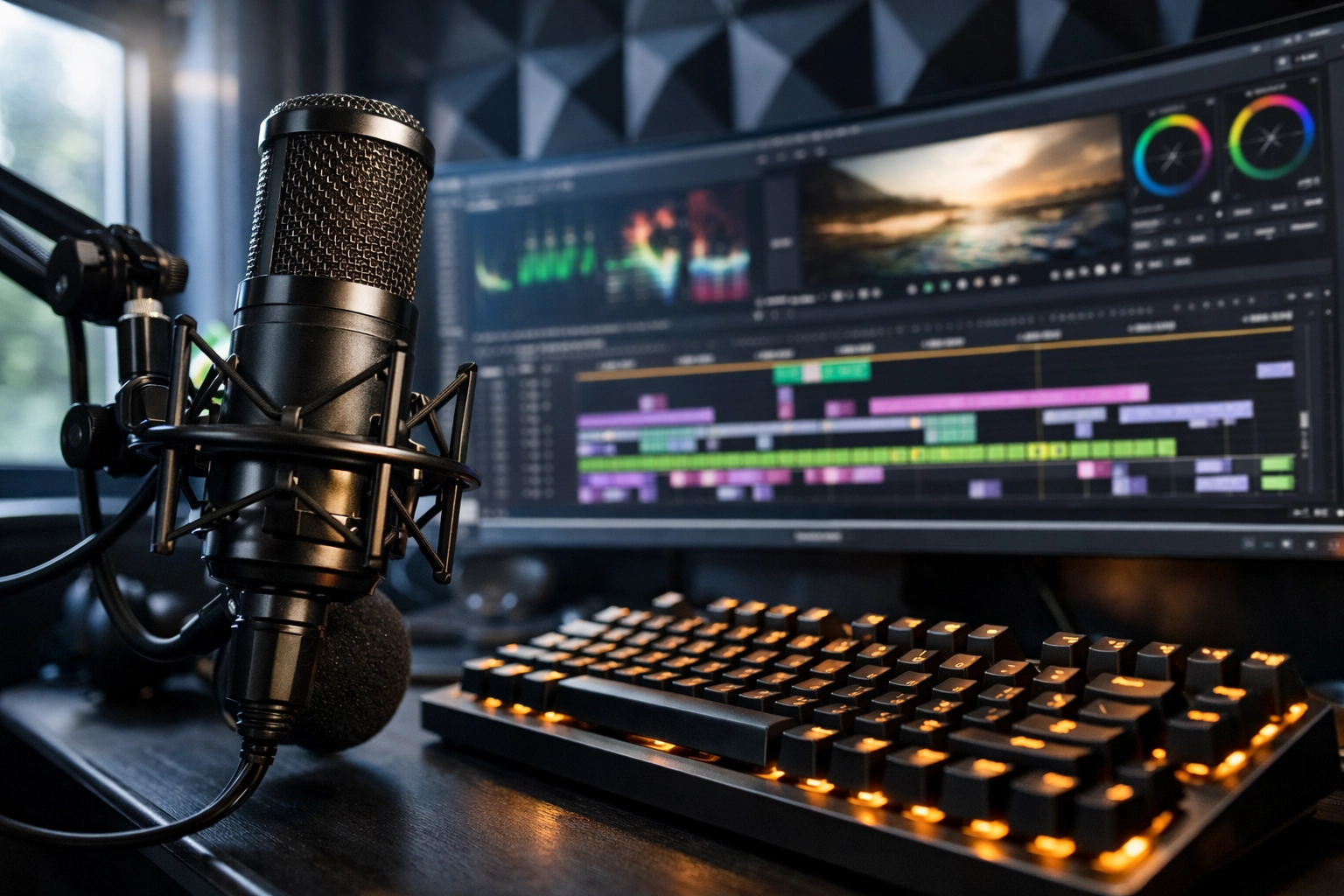 Professional media production pod interior with video editing tools and acoustic paneling for creators.