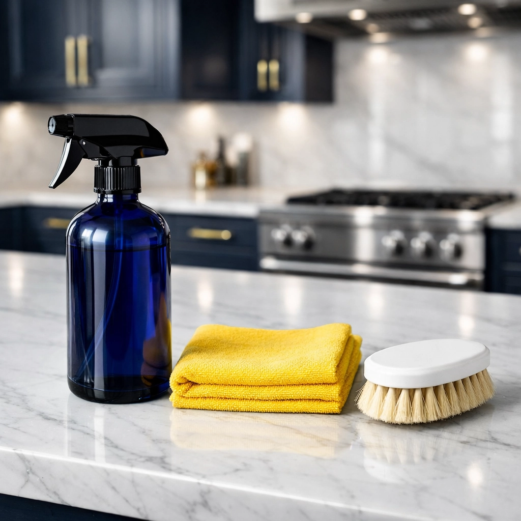 Minimalist professional deep cleaning MA supplies on a marble counter in a high-end kitchen.