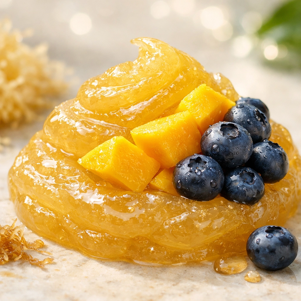 Golden sea moss gel swirl topped with fresh mango and blueberries, highlighting natural wellness ingredients.