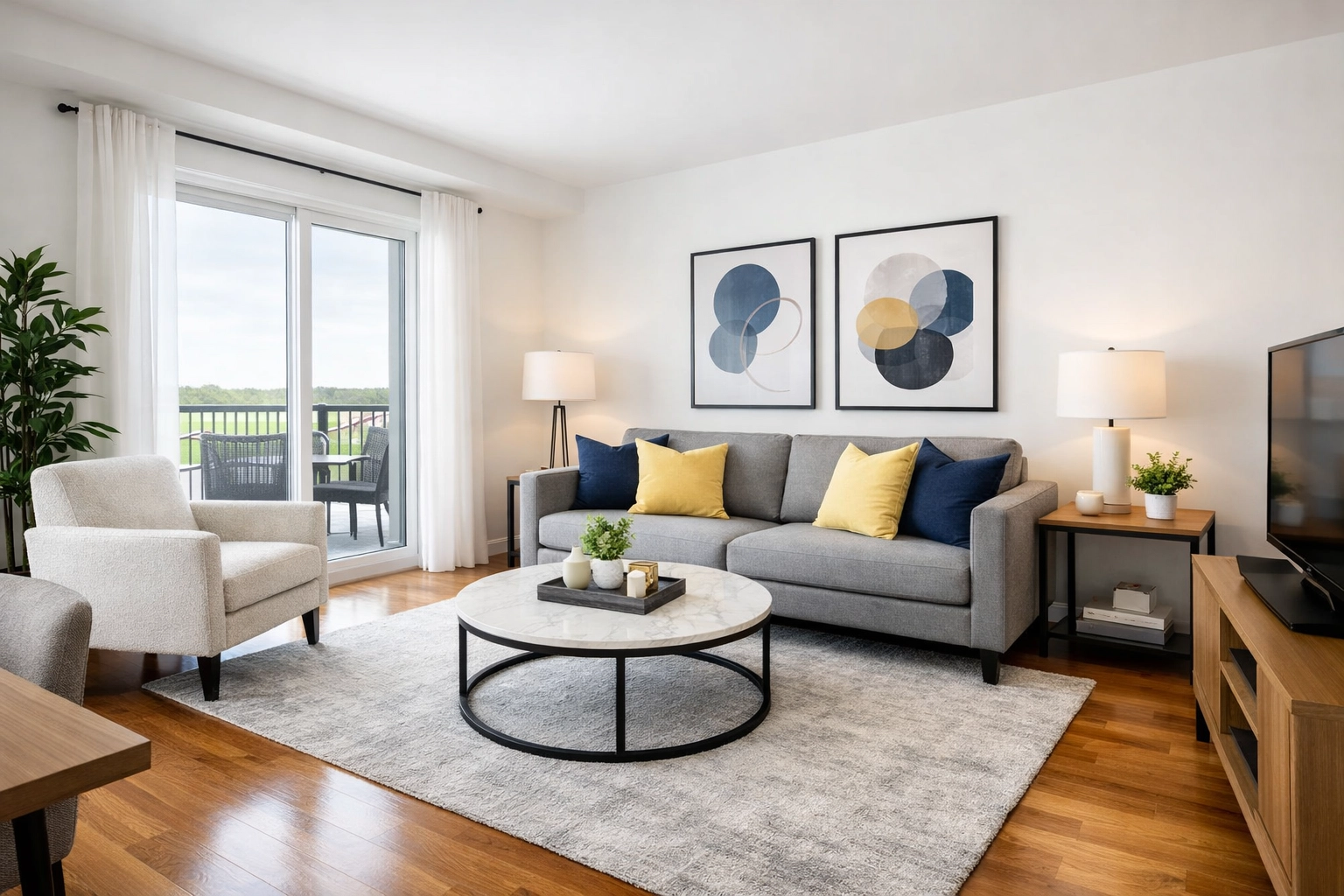 Clean living room in a modern Fitchburg, MA apartment after professional affordable cleaning.