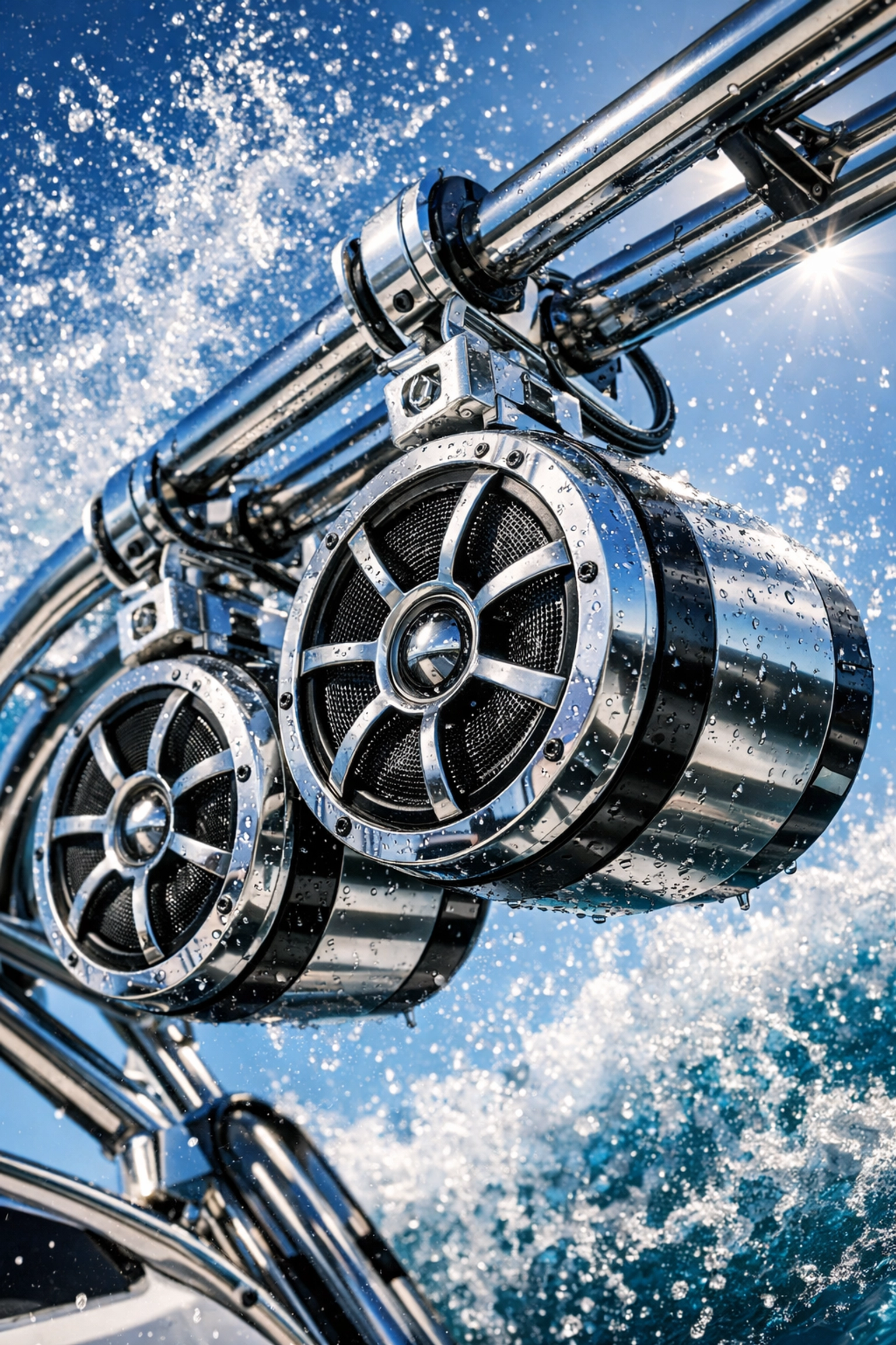 Marine tower speakers mounted on boat for audio entertainment system