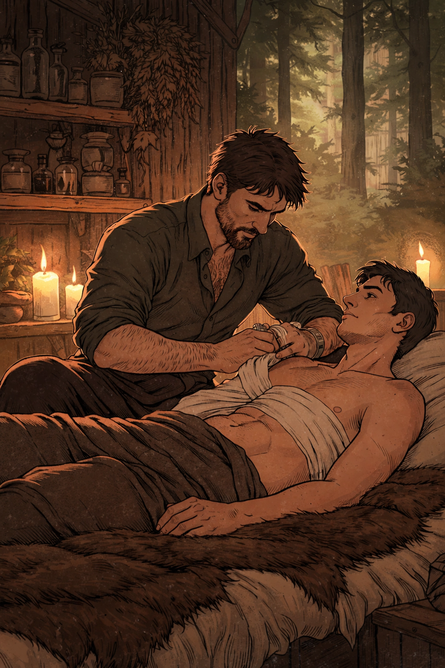 John cares for a wounded Robin in a quiet forest sanctuary, highlighting healing and male emotional intimacy in a gay Robin Hood retelling.