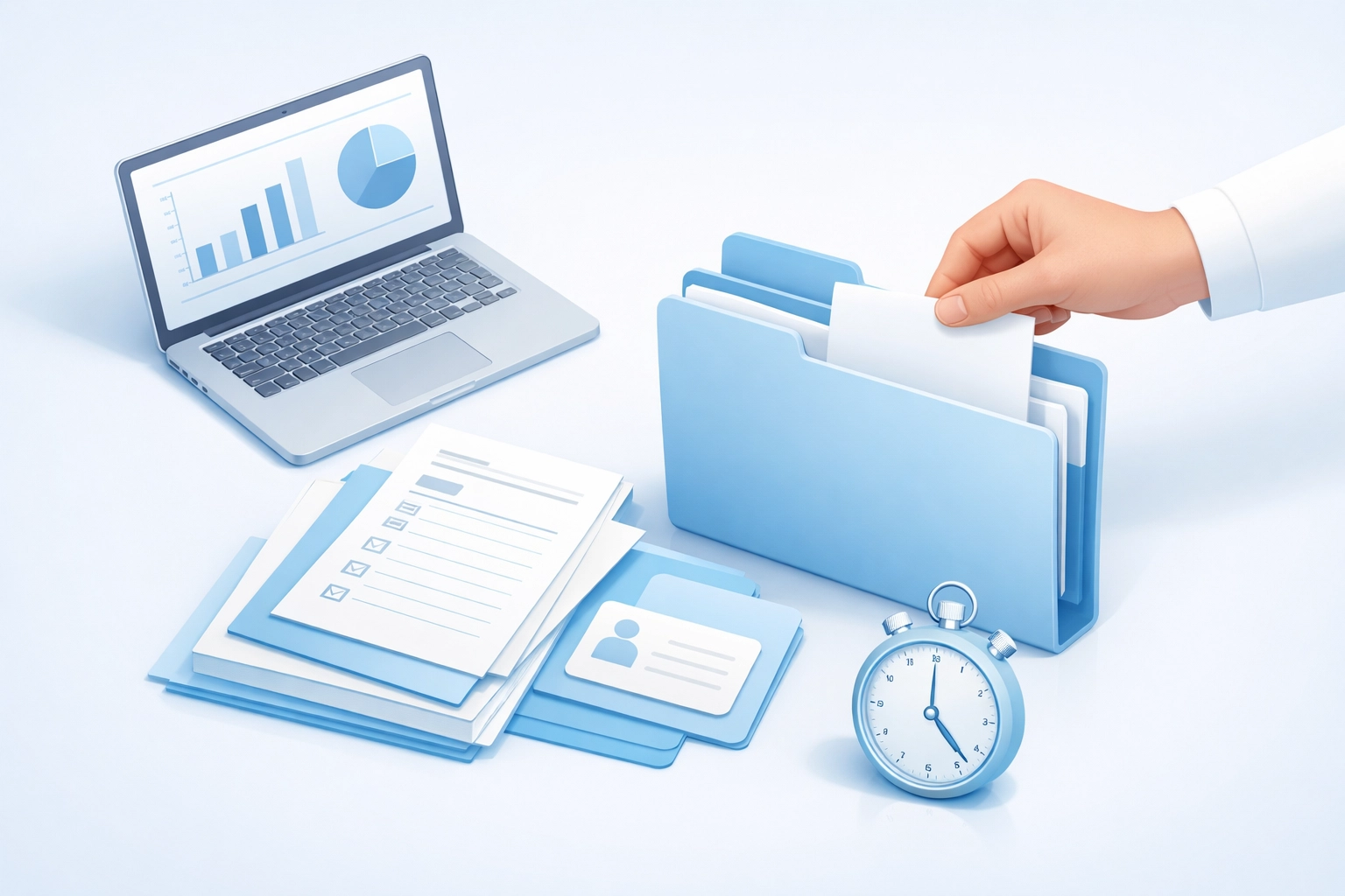Organized business documents and a stopwatch representing a fast SBA loan application process.