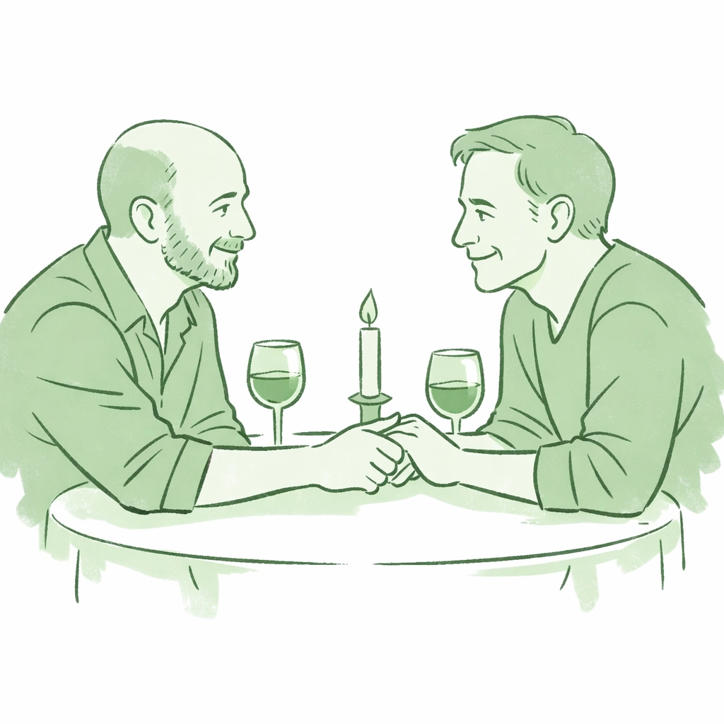 Older men holding hands at dinner, symbolizing the beauty of late-in-life gay romance and self-discovery.