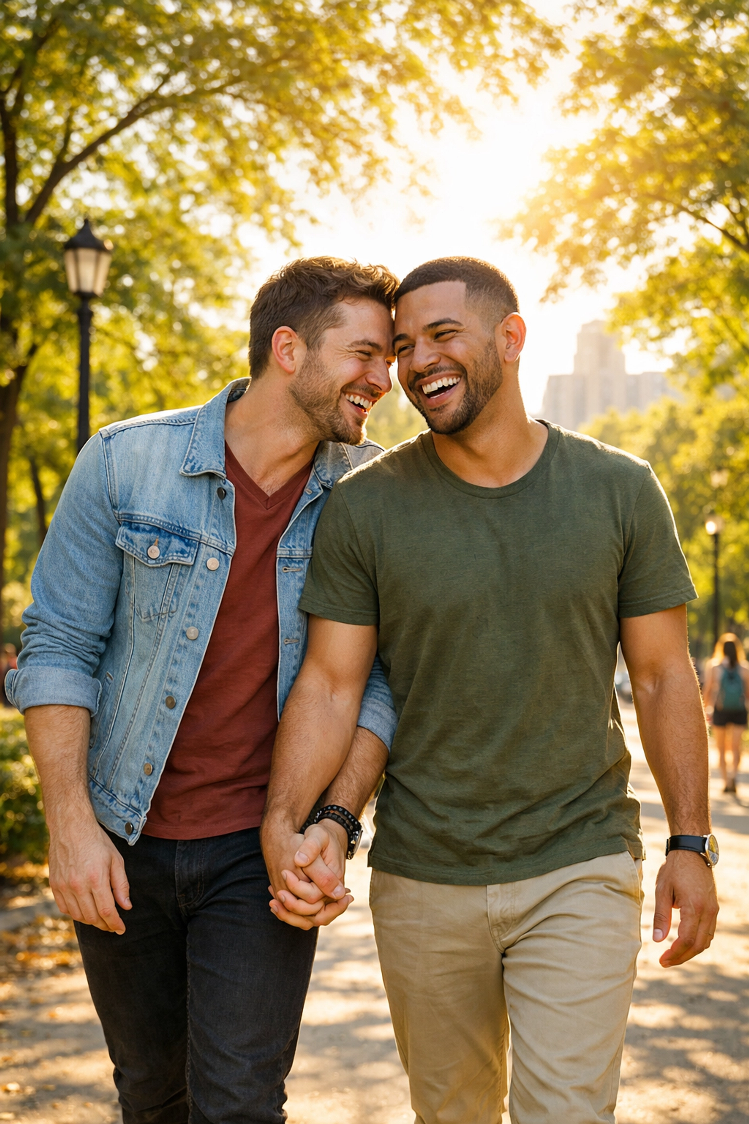 A joyful gay couple holding hands in a sunlit park, showcasing life after coming out.