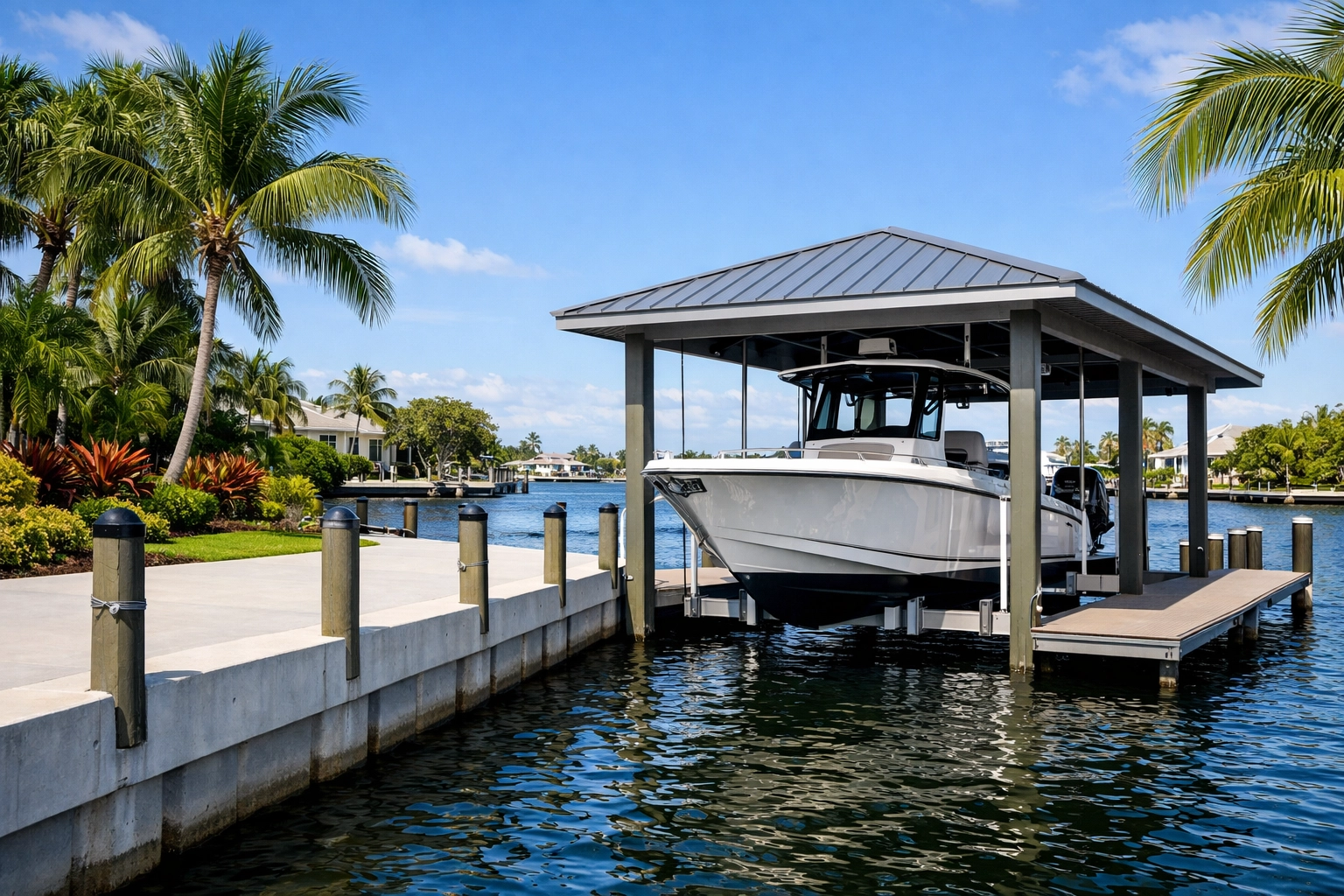 Modern seawall and boat dock at SWFL waterfront property with tropical landscaping