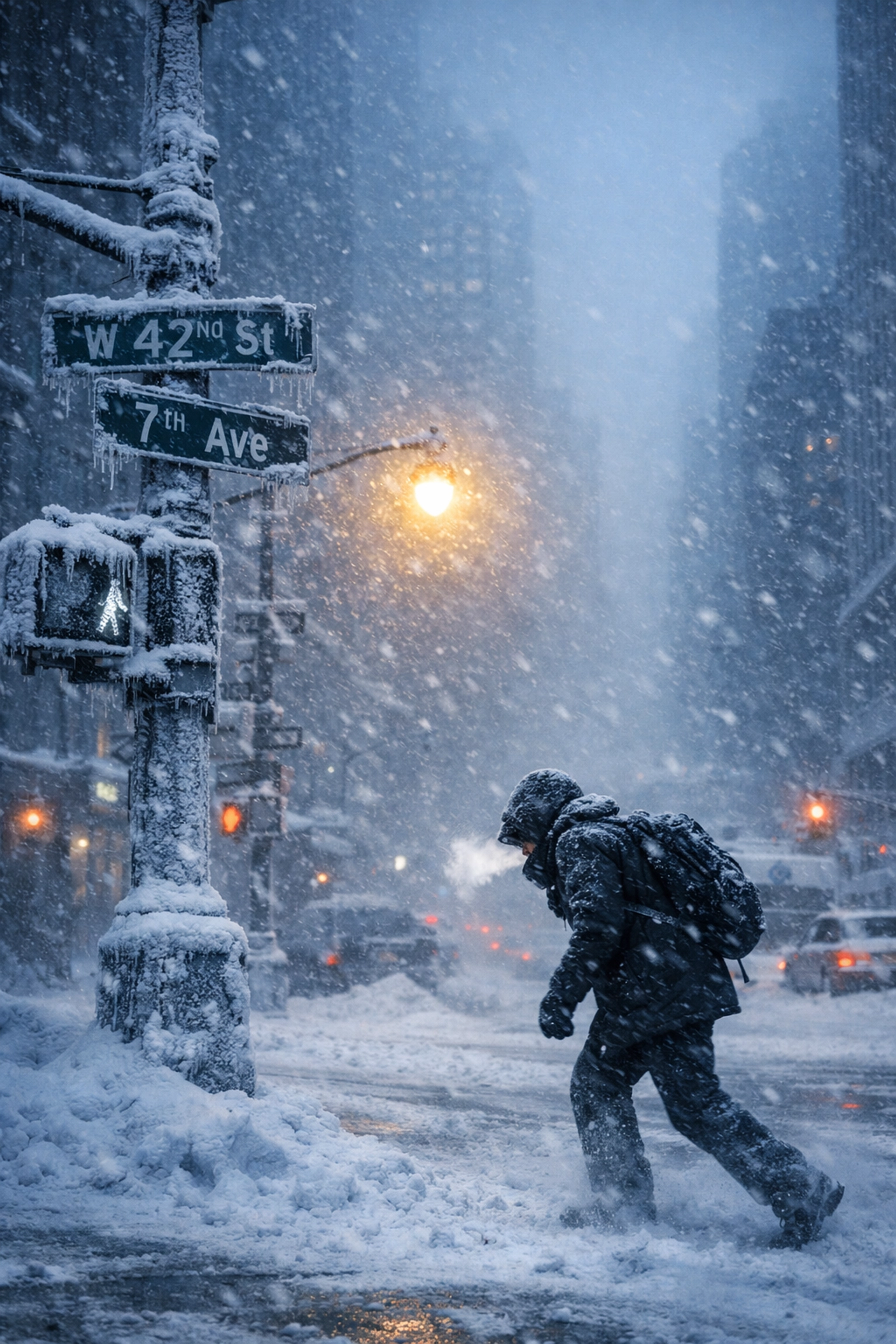 A snowy city street during a polar vortex, showcasing creative street photography ideas in winter.