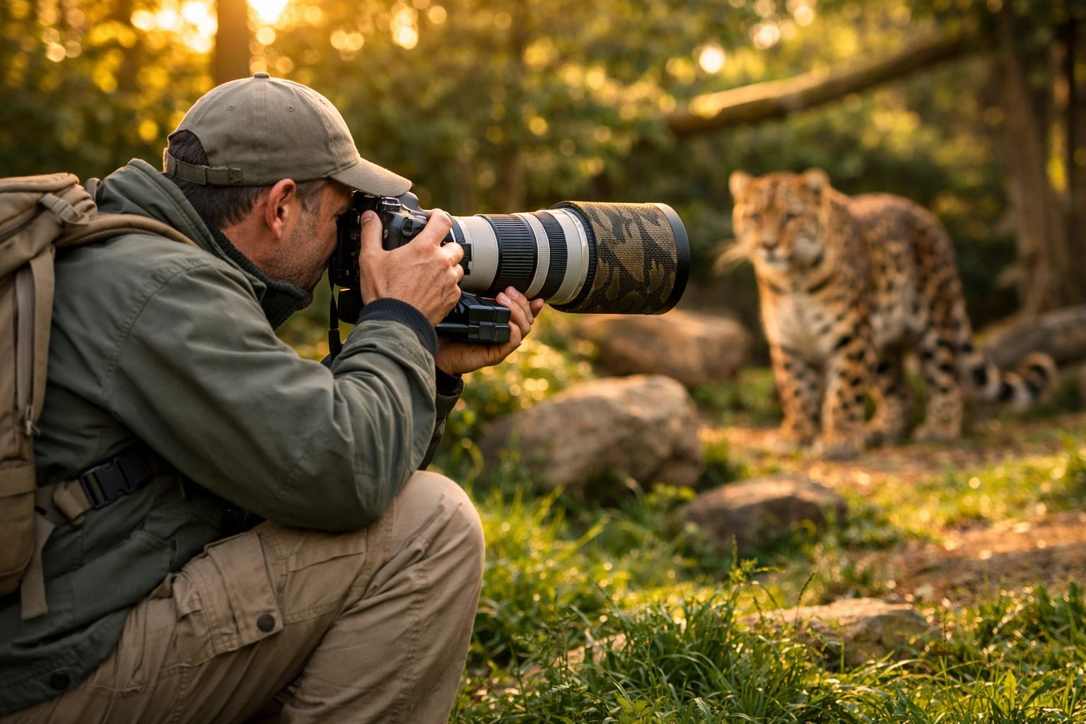 Wildlife photographer using telephoto lens to photograph leopard in zoo habitat