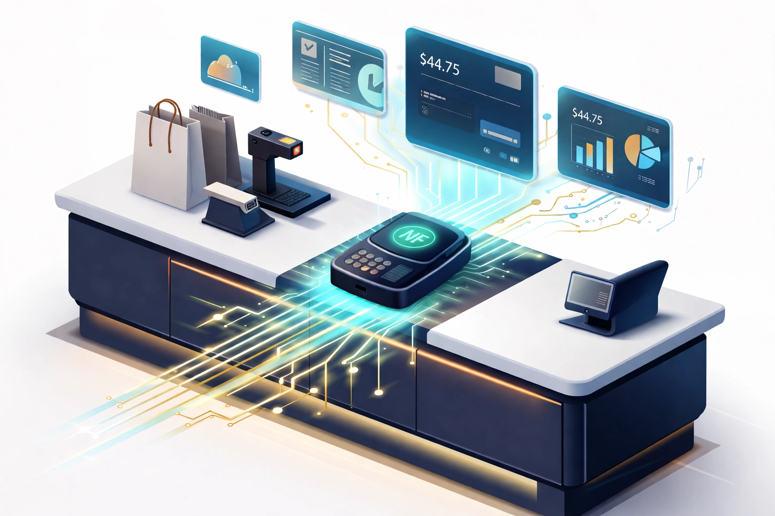 Modern retail checkout with contactless crypto POS terminal, showcasing seamless Larecoin Web3 payment integration.
