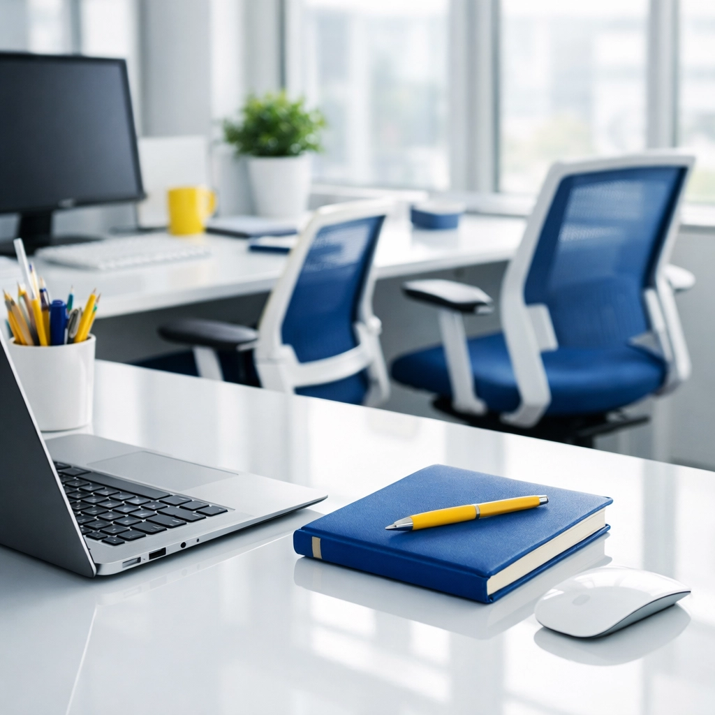 Spotless modern collaborative office in Lancaster featuring clean desks and sanitized surfaces.