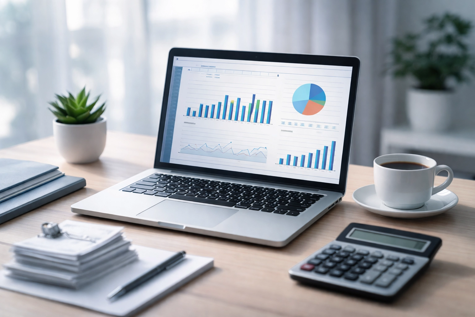 Modern desk with laptop, receipts, and calculator symbolizes organized monthly bookkeeping for small businesses.