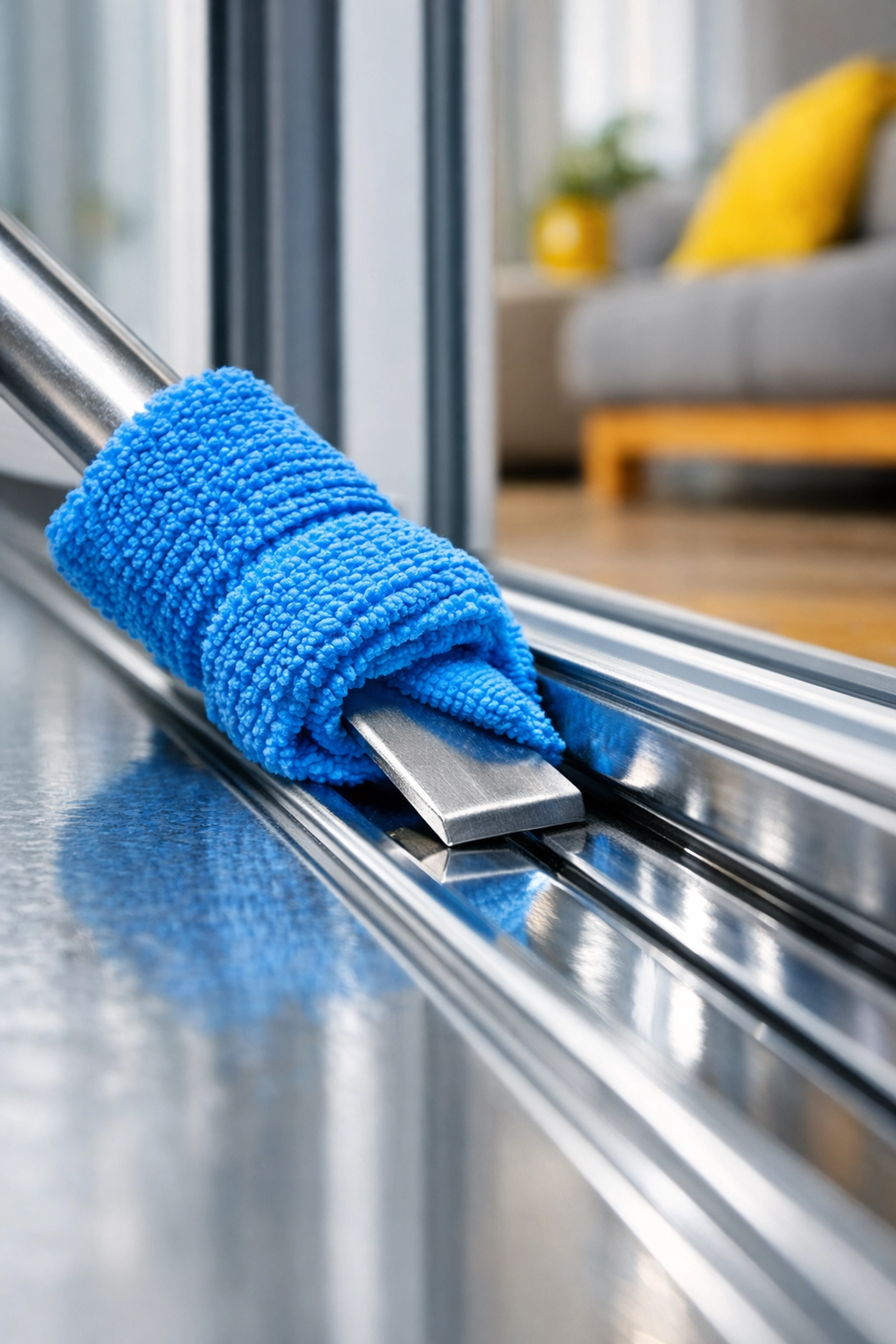 Cleaning narrow grooves of a sliding door track using a microfiber cloth for a detailed finish.