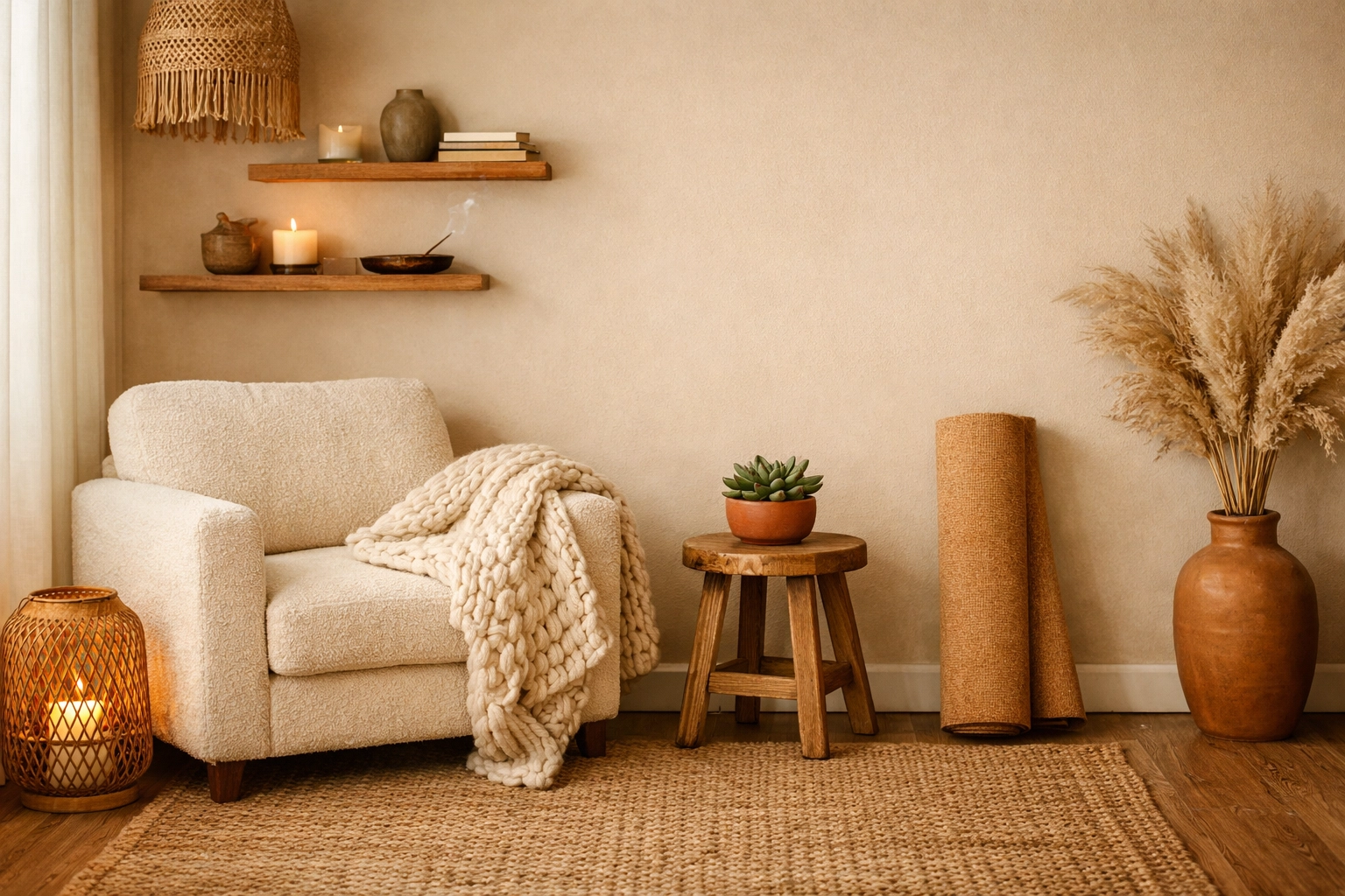 Minimalist home corner with a yoga mat and armchair designed for physical wellness for women.