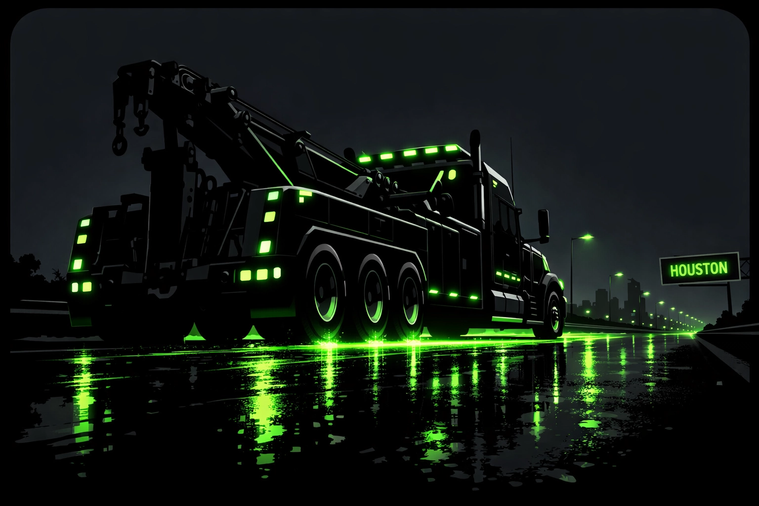 Heavy-duty wrecker truck on a Houston highway providing reliable long distance towing services.