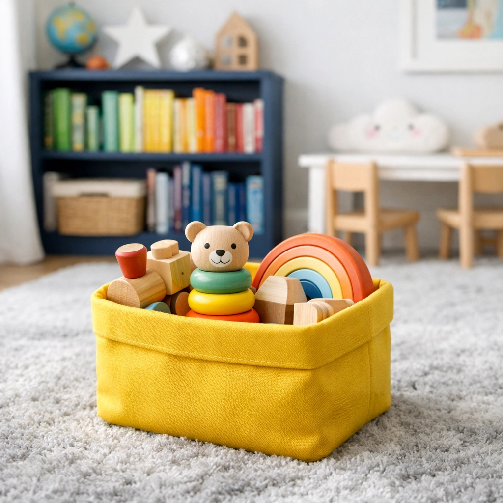 A yellow toy basket on a soft rug in an organized playroom, illustrating easy cleaning hacks for kids.