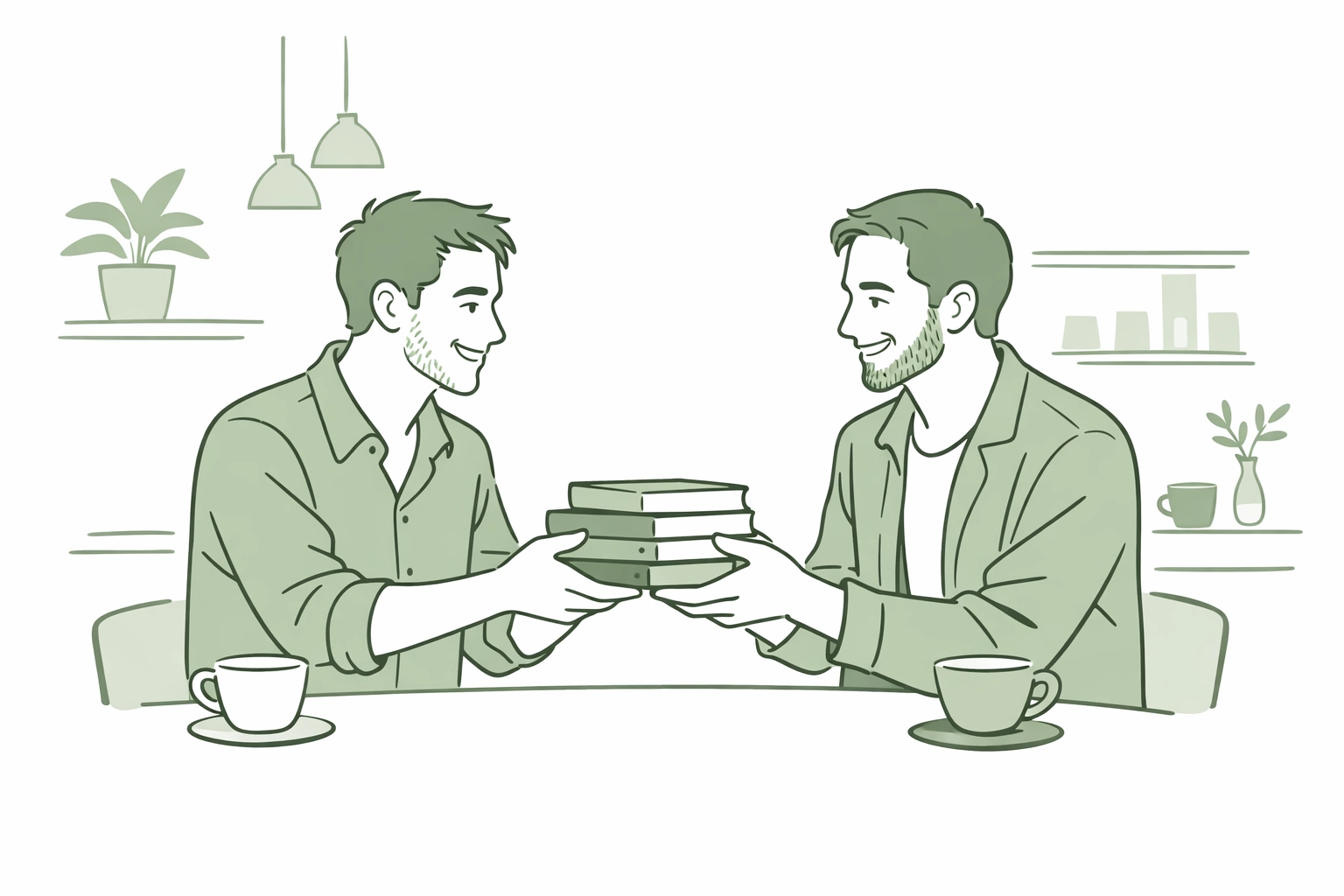 Two men bonding over MM romance books in a cafe, showing how queer literature builds found family connections.
