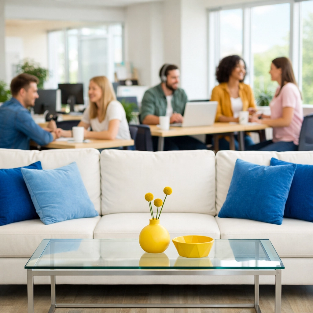 Clean and productive open-plan office lounge in Holden, MA, with dust-free surfaces and natural light.