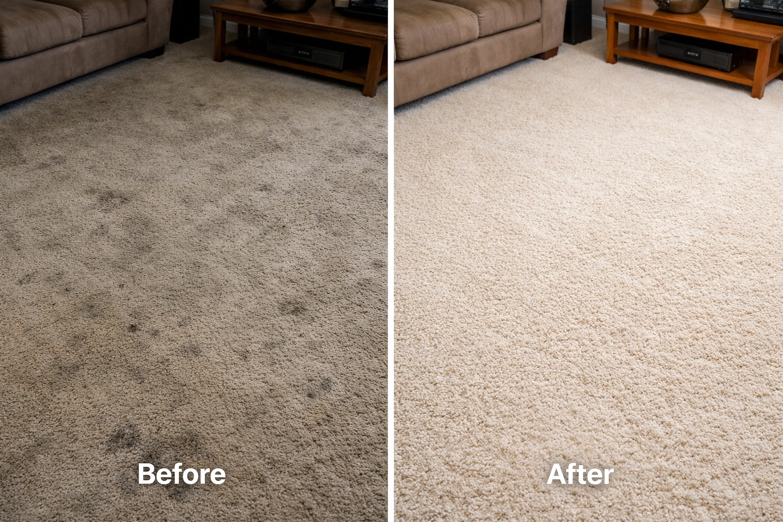 Before and after carpet cleaning results showing restored color and texture