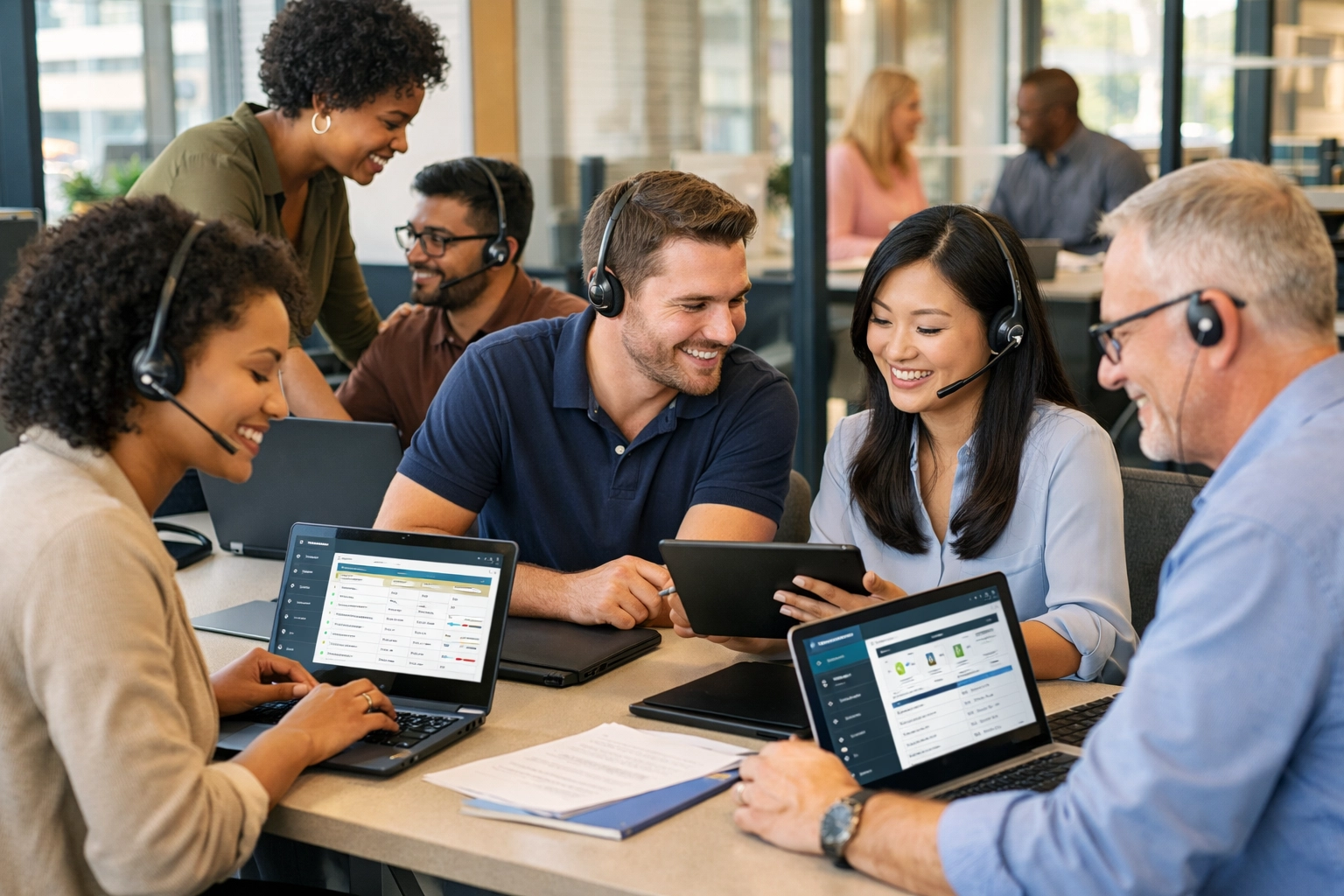 Service desk team monitoring ITSM performance metrics in collaborative workspace environment
