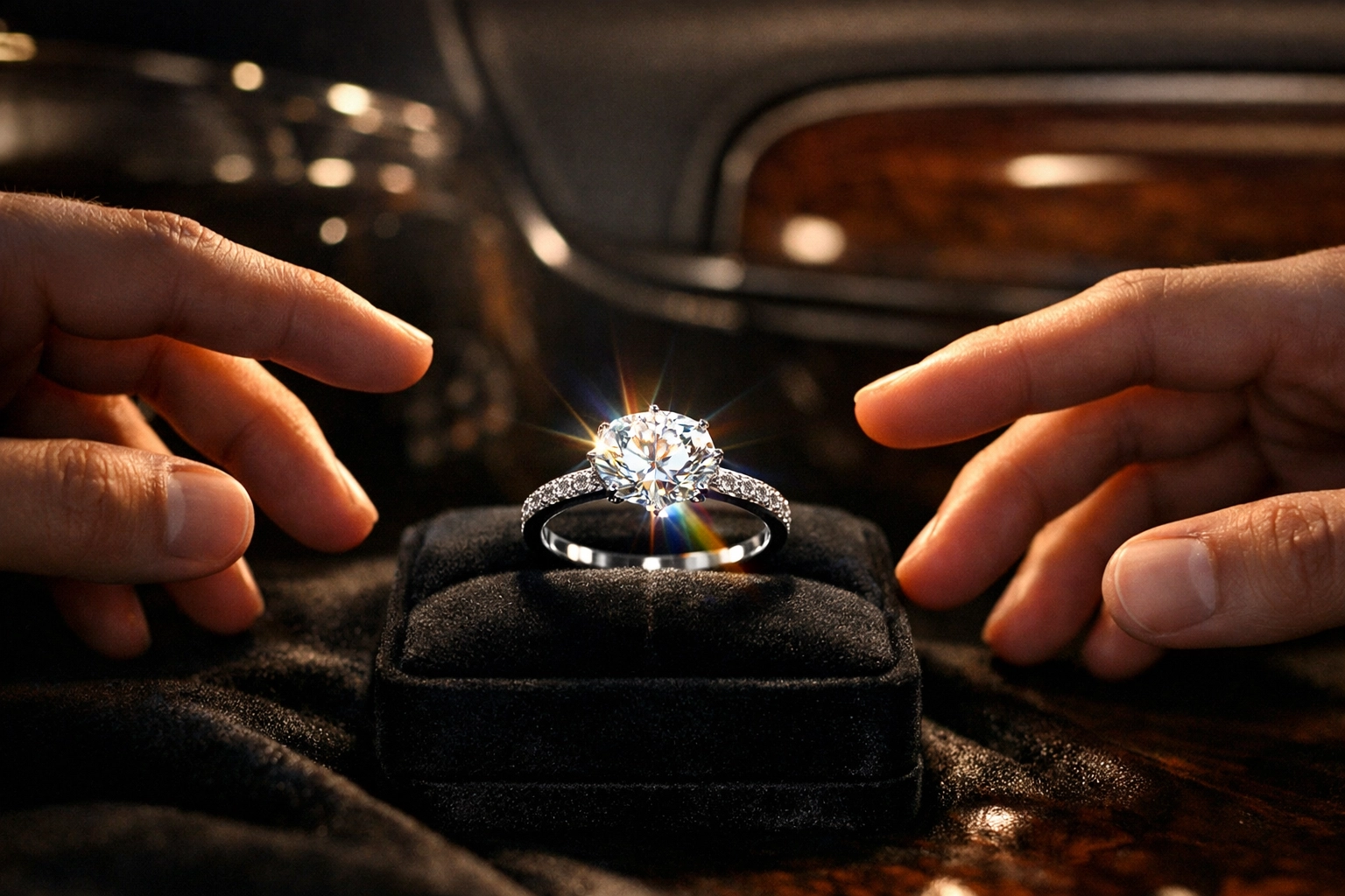 Diamond engagement ring between two men's hands symbolizing gay love and commitment