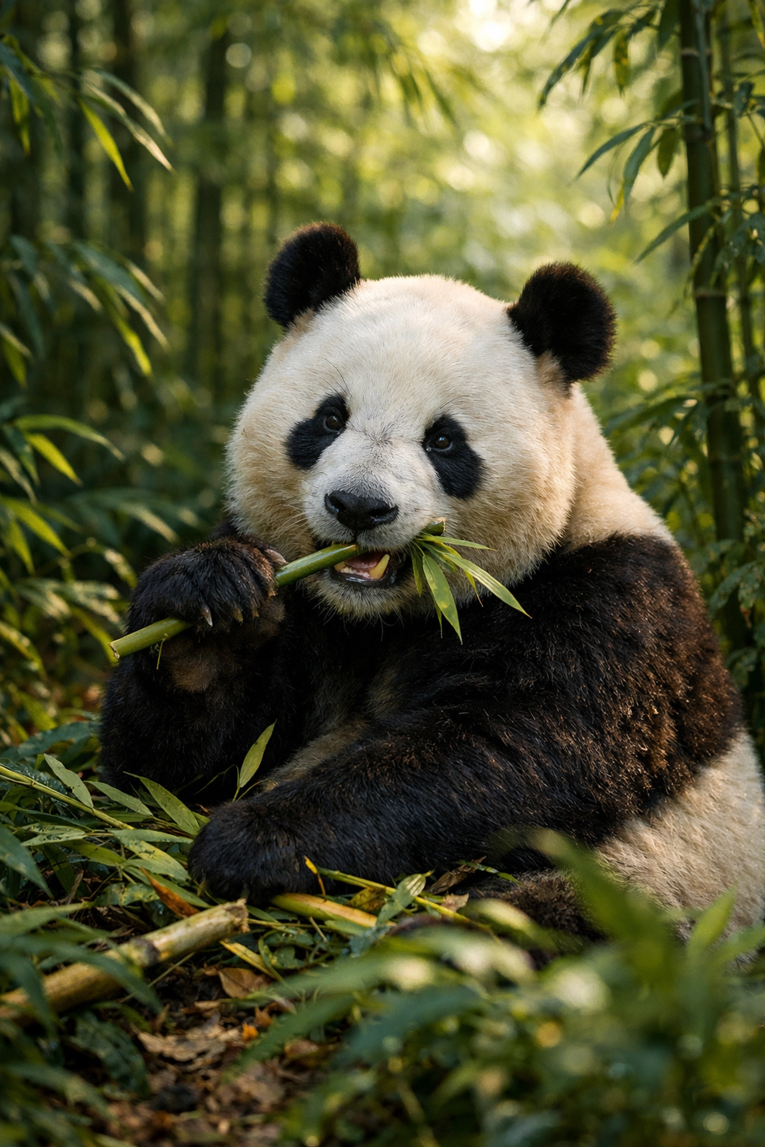 Giant panda eating bamboo in a restored habitat, a symbol of wildlife conservation success stories.