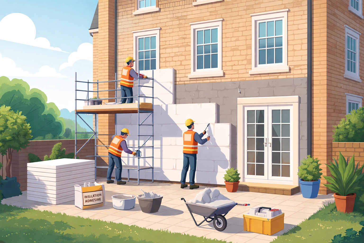 Workers installing external wall insulation on a Georgian townhouse in London for improved energy efficiency.