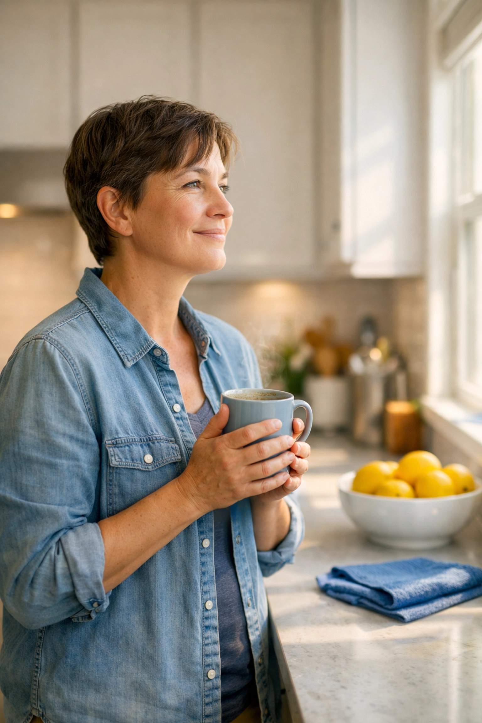 A happy homeowner enjoying a pristine Waltham kitchen after a professional house cleaning Waltham MA visit.