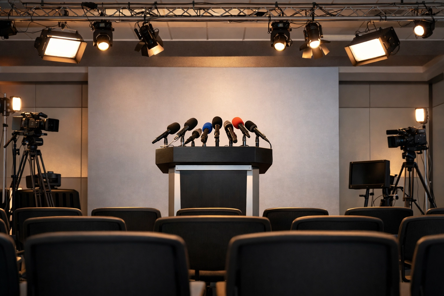 Professional press conference setup with microphones illustrating media relations infrastructure