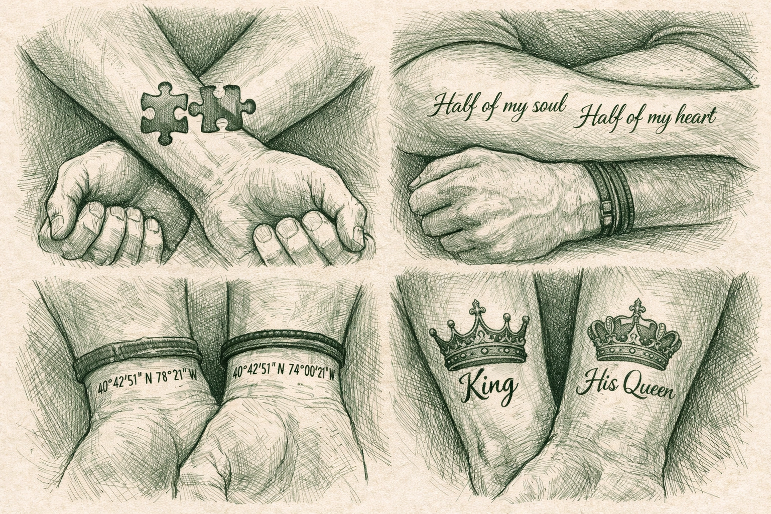 Various matching tattoo designs on gay men's arms including crowns and coordinates