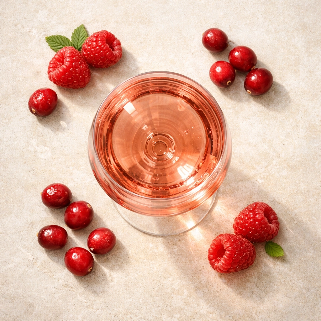 Top-down view of crisp rosé wine with fresh raspberries and cranberries on a stone surface.