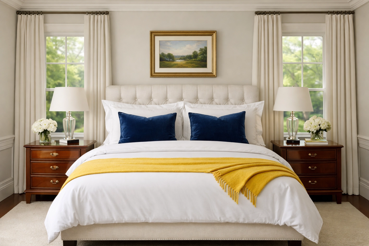 Luxury Concord estate bedroom professionally cleaned with perfectly made bed and garden view.