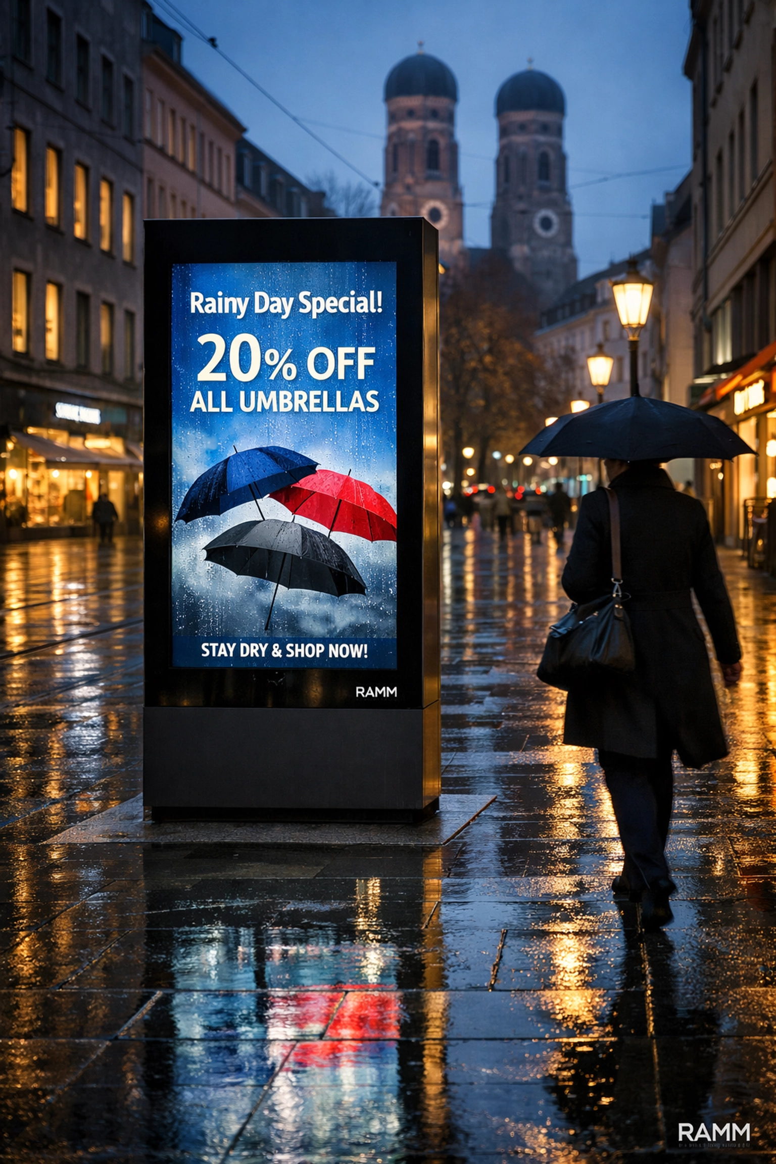 Digital signage kiosk in rain-slicked Munich highlighting weather-triggered venue targeting campaigns.