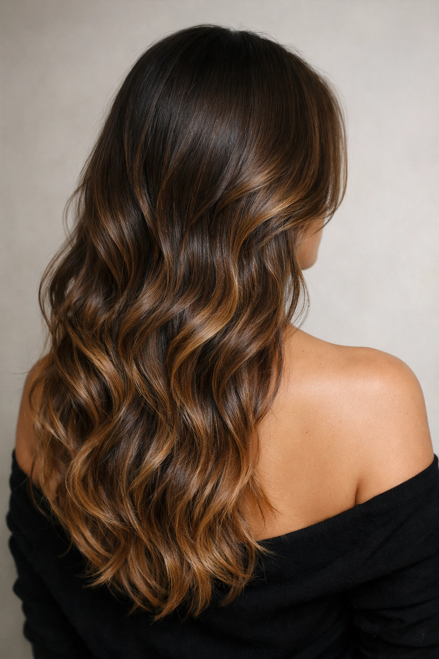Stunning lived-in hair color transformation with mocha and caramel tones for a glossy finish.