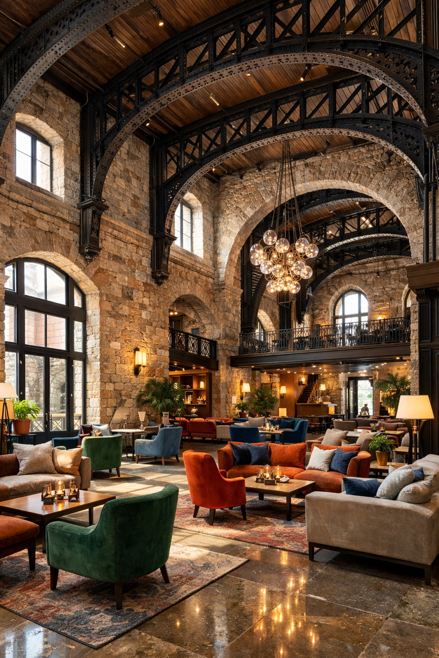 Modern luxury hotel lobby inside a converted historic stone building with elegant industrial design.