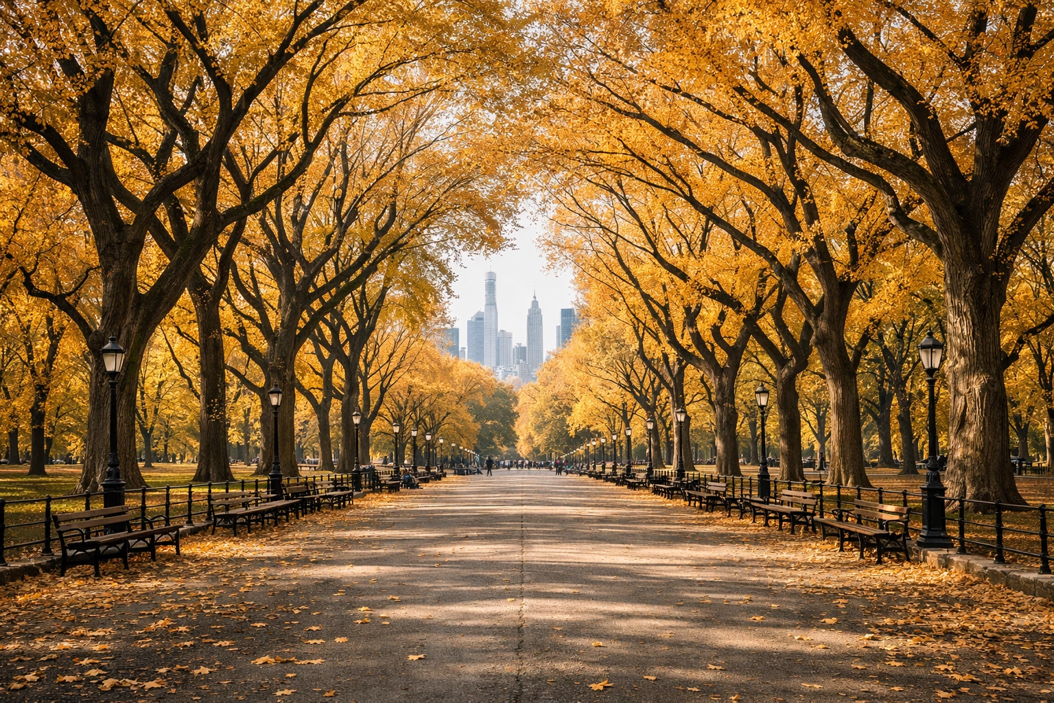 Autumn elm trees along The Mall in Central Park, one of the most iconic New York City photography locations.