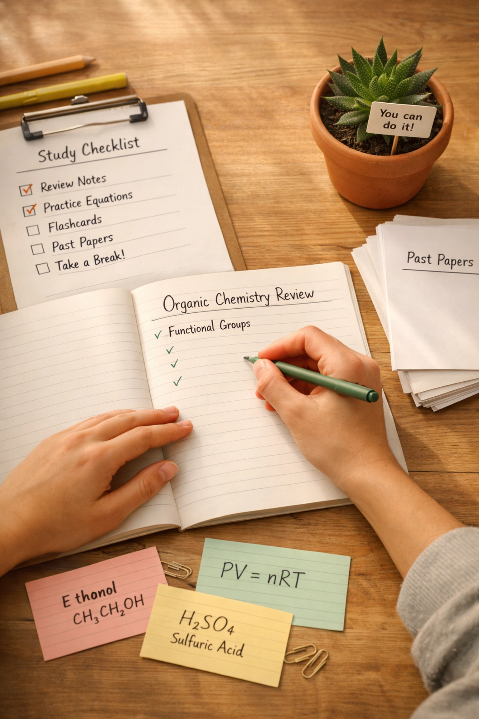 Student writing A Level Chemistry revision notes with past papers and study checklist