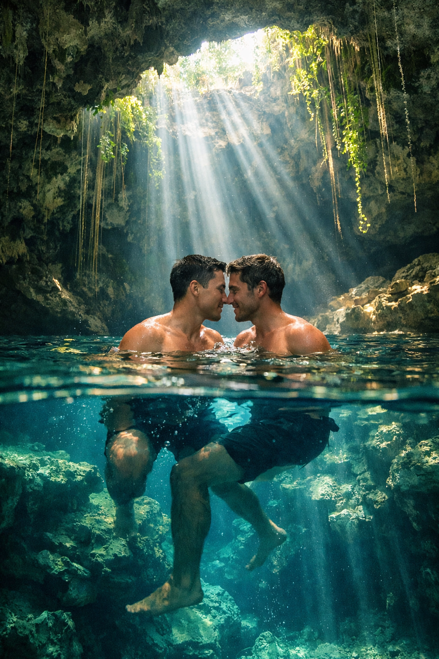 Two men swimming together in Tulum cenote with sunlight streaming through cave