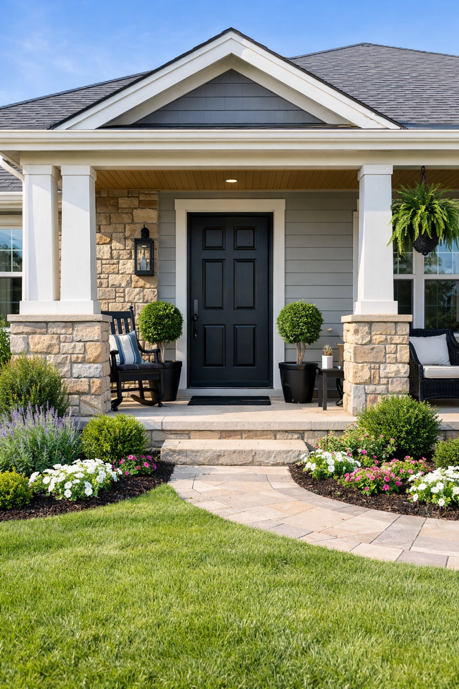 A well-maintained Norman rental property front porch with professional landscaping.