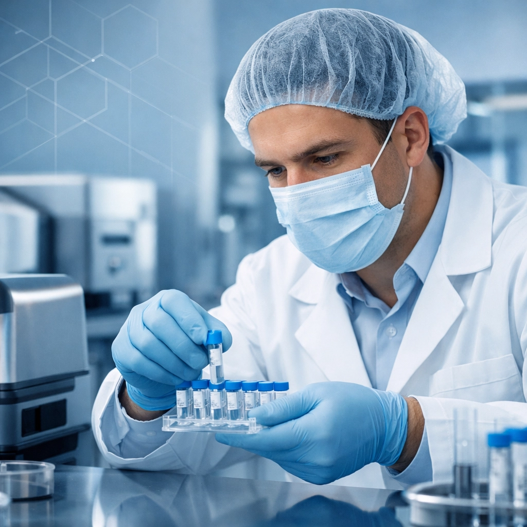 Laboratory technician processing DNA samples in accredited paternity testing facility