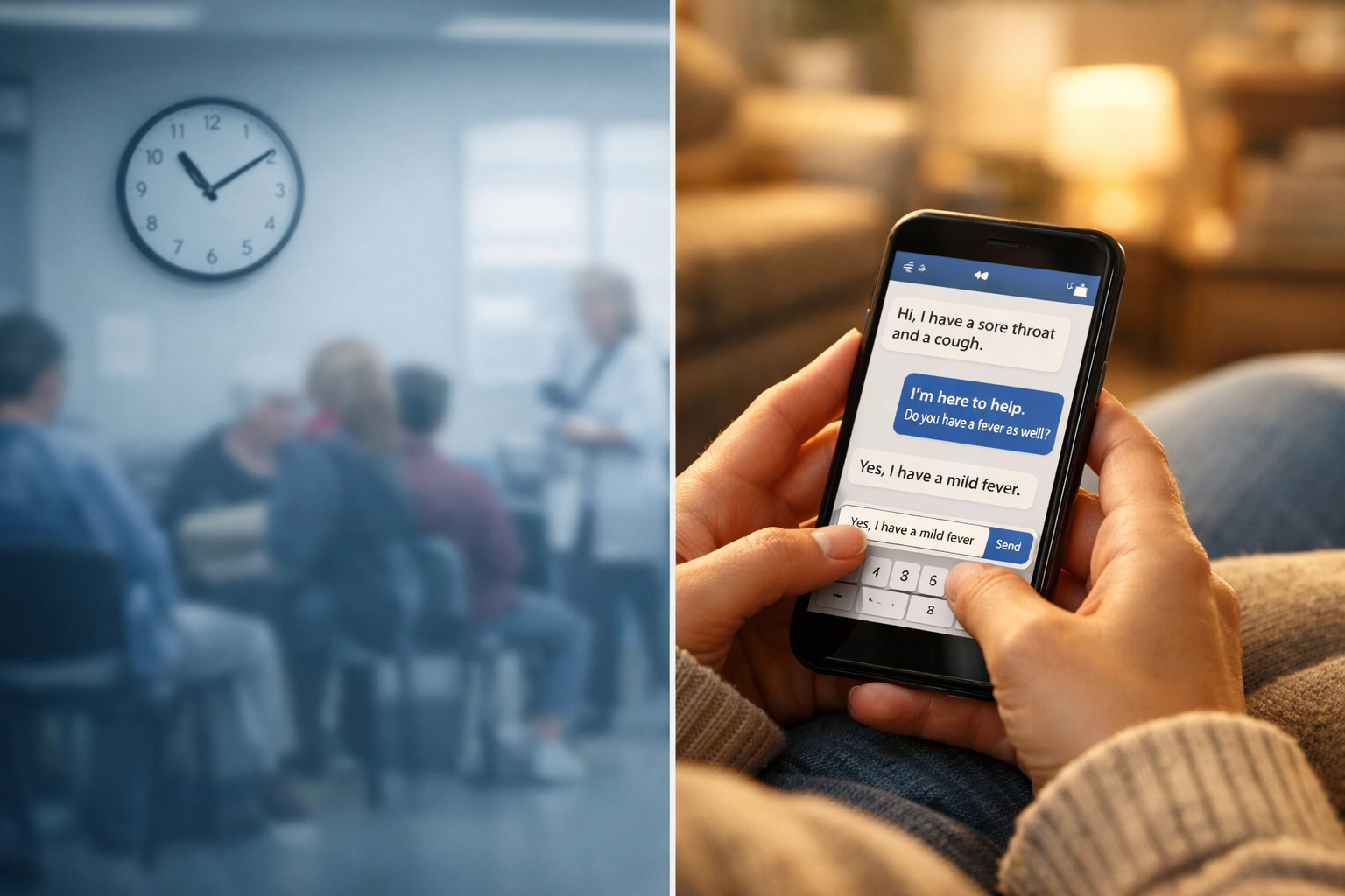 Comparing a crowded walk-in clinic waiting room to the speed of text-based online urgent care from home.