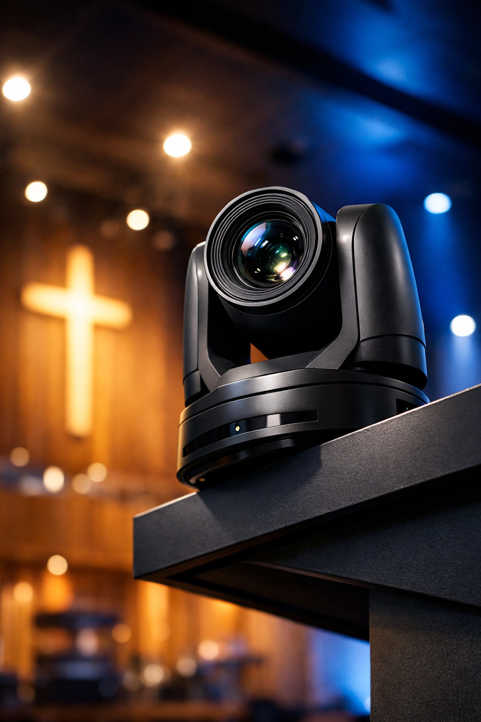 Professional PTZ camera mounted in a modern sanctuary for consistent church livestream video.