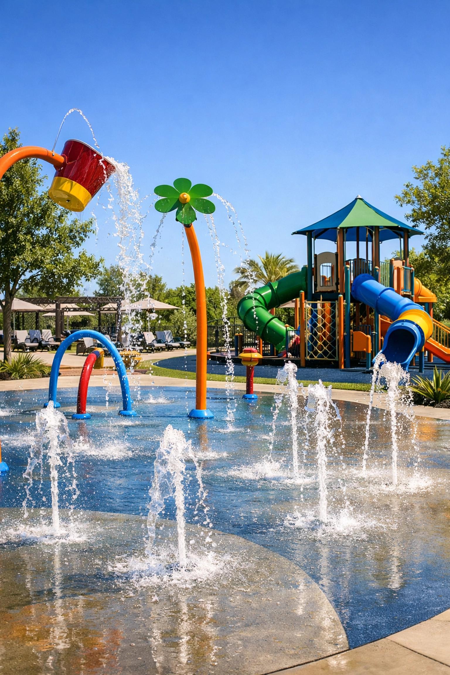 Modern community splash pad and playground area for families at Post Oak in Terrell, Texas.