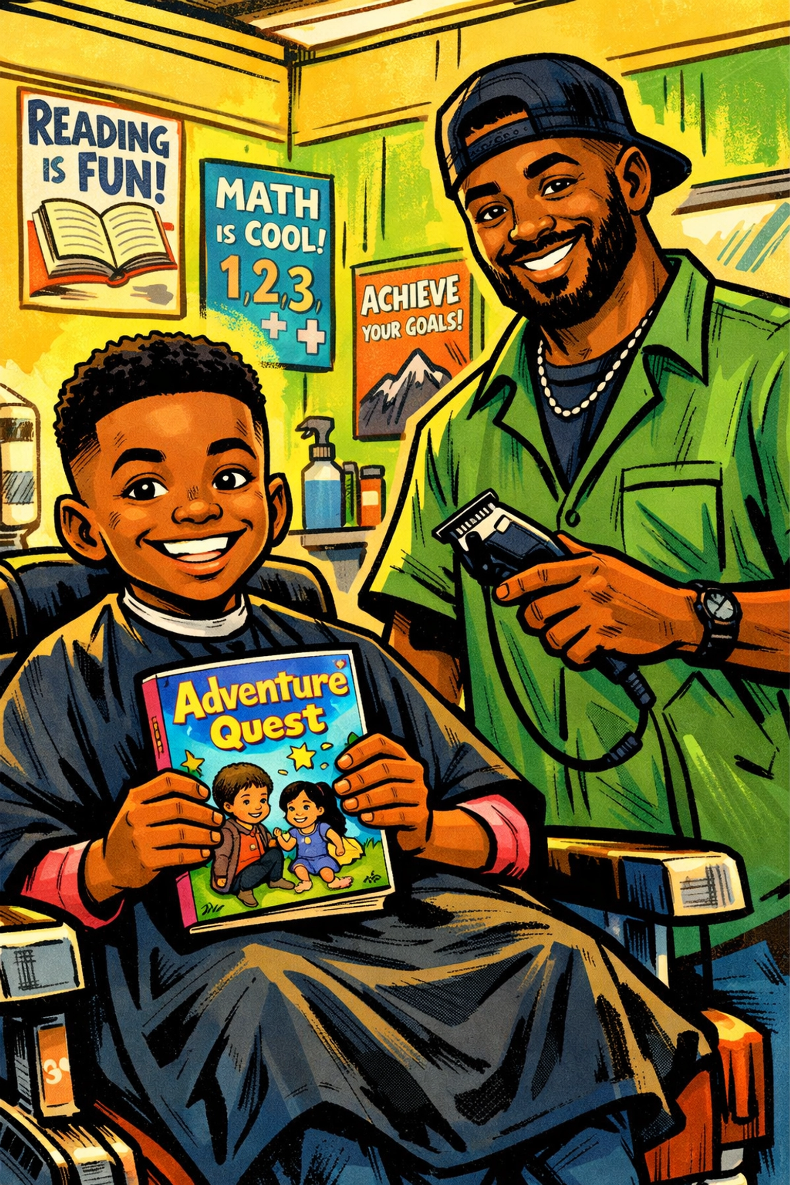 Young boy reading in barbershop chair with barber mentor during CRC literacy program