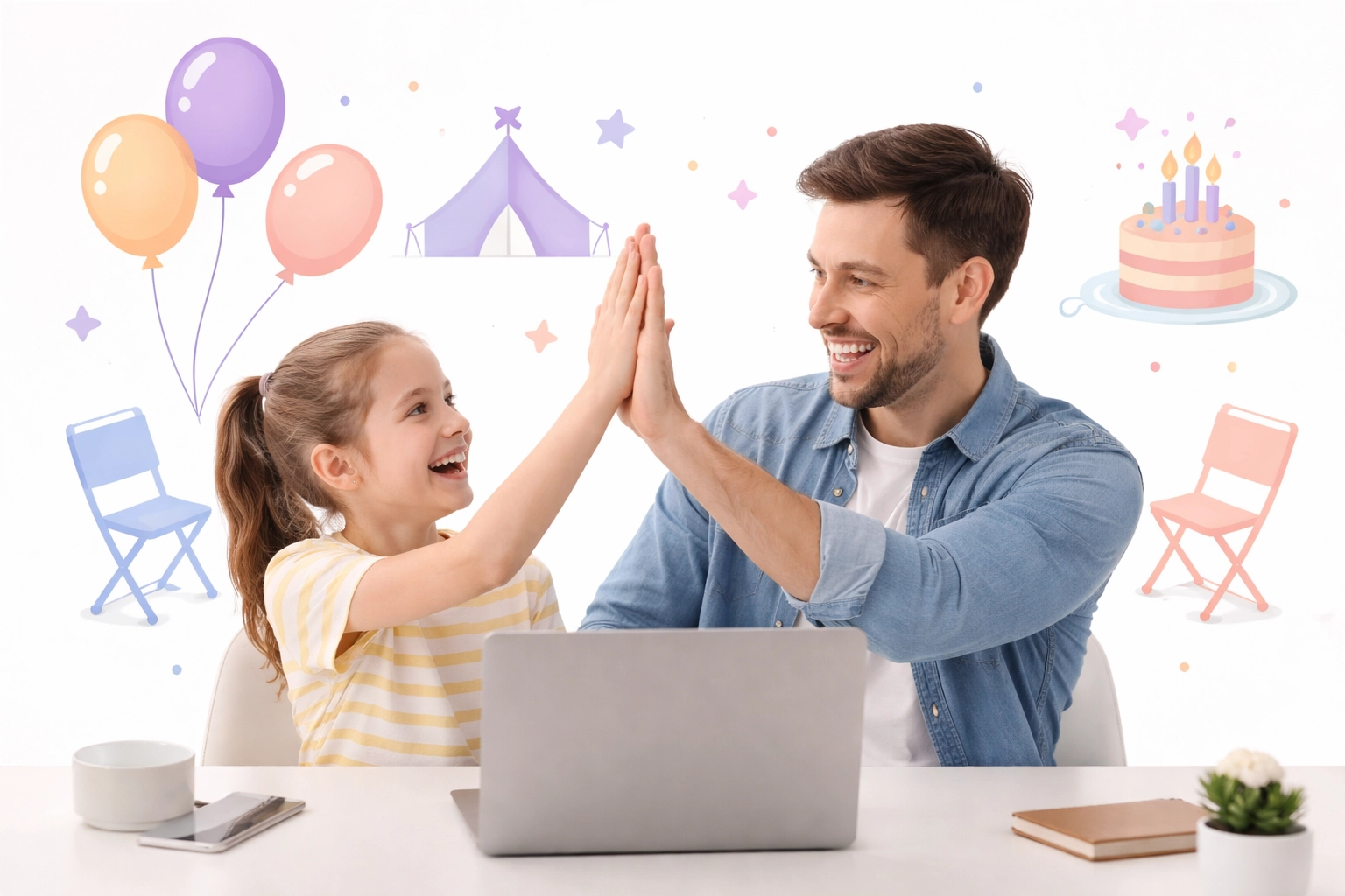 Parent and child celebrating easy event planning with digital tools reflect stress-free party and school event coordination.