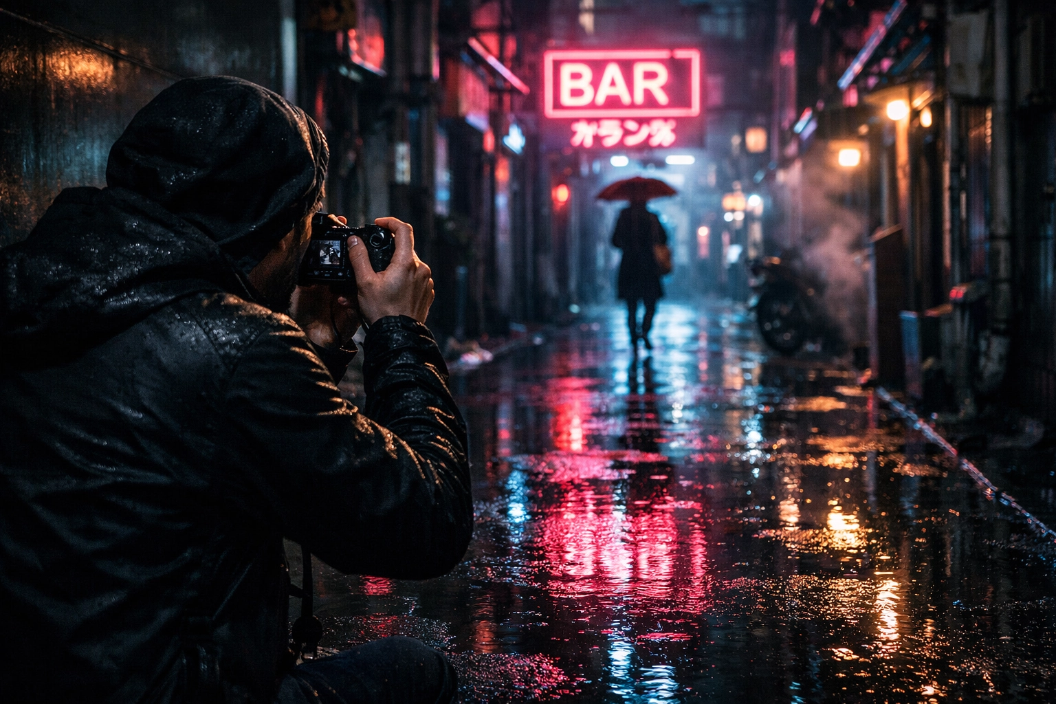 Street photographer using a compact mirrorless camera for night street photography ideas in the city.