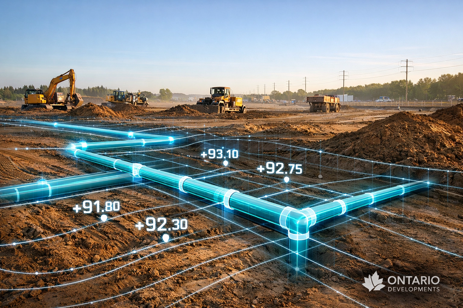 Ontario construction site during grading phase with technical site servicing plan overlay for site plan approval.