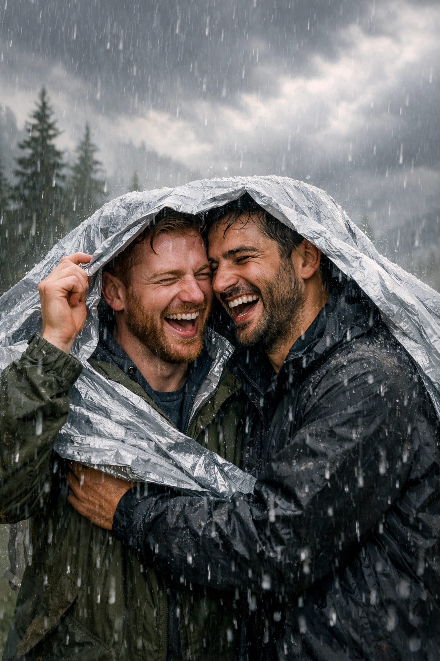 Two men sharing a rainstorm moment while hiking in Colorado mountains