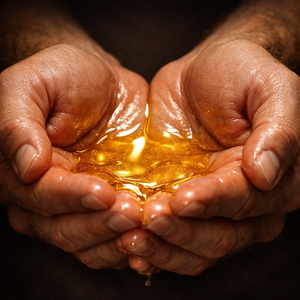 Close-up of hands holding golden beard oil during a daily grooming ritual for a soft, healthy beard.