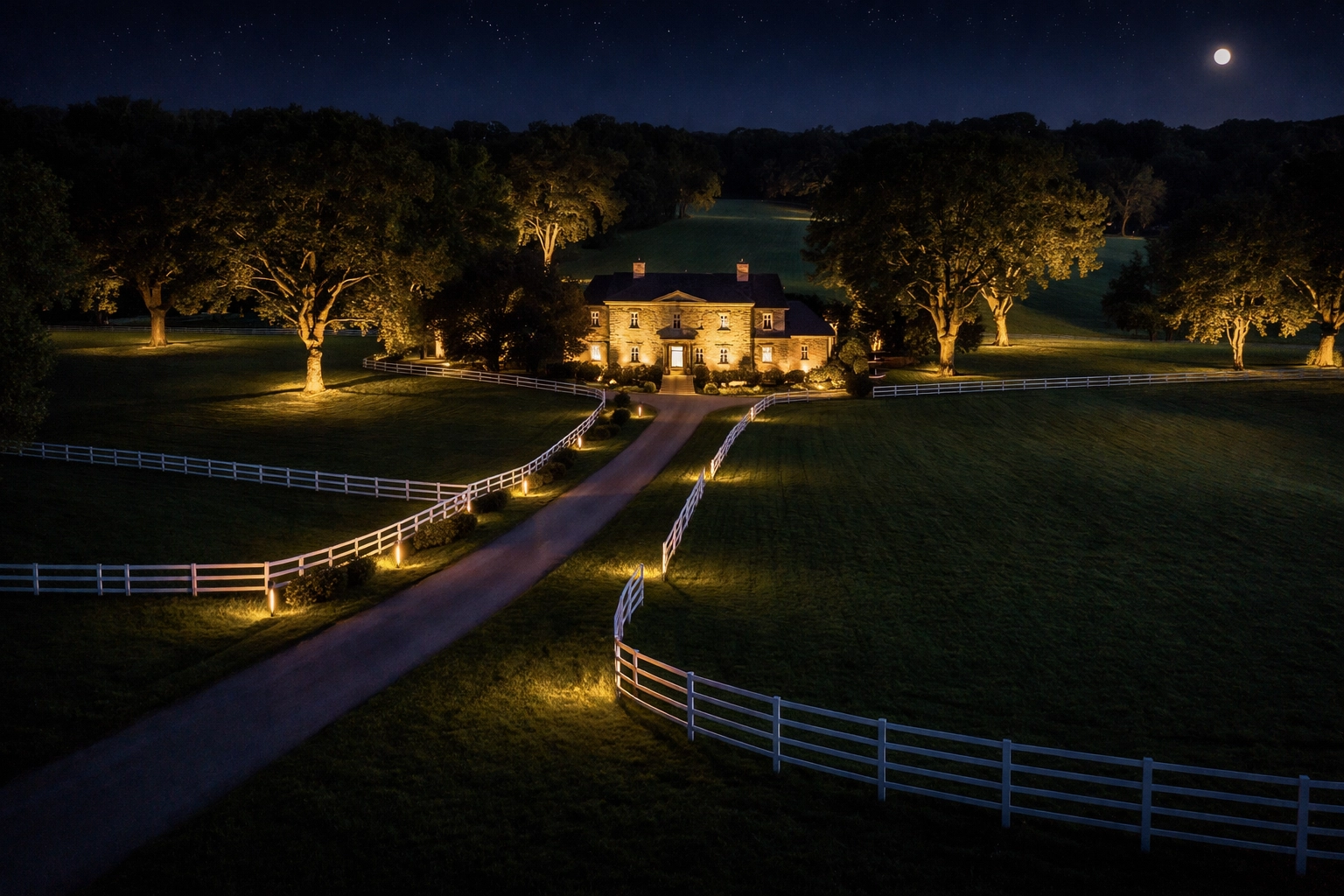 Midway horse farm estate at night with elegant, invisible landscape lighting illuminating limestone farmhouse and fences