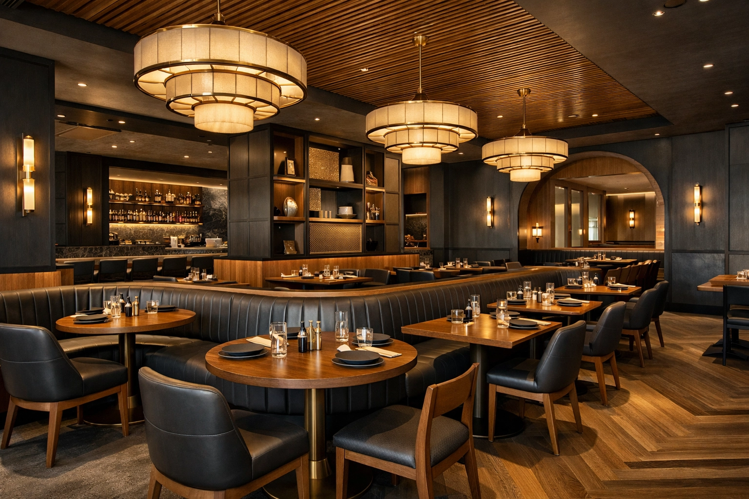 Finished upscale dining space featuring custom millwork and leather seating from expert office furniture suppliers.